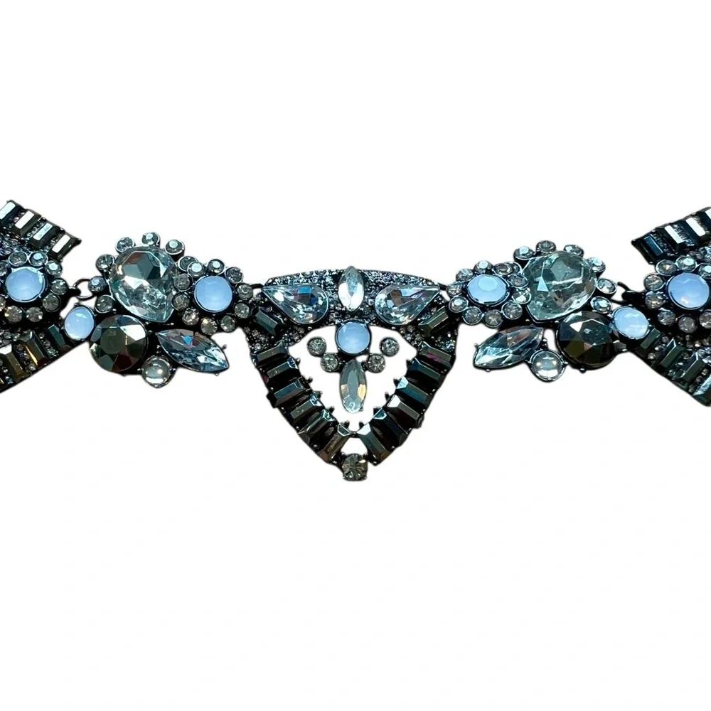 Elegant Silver Black Rhinestone Statement Necklace and Earring Set 21” Art Deco